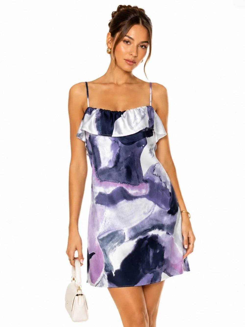 NWT FRENCH CONNECTION Purple Abstract Print Slip Dress with Ruffle Neckline